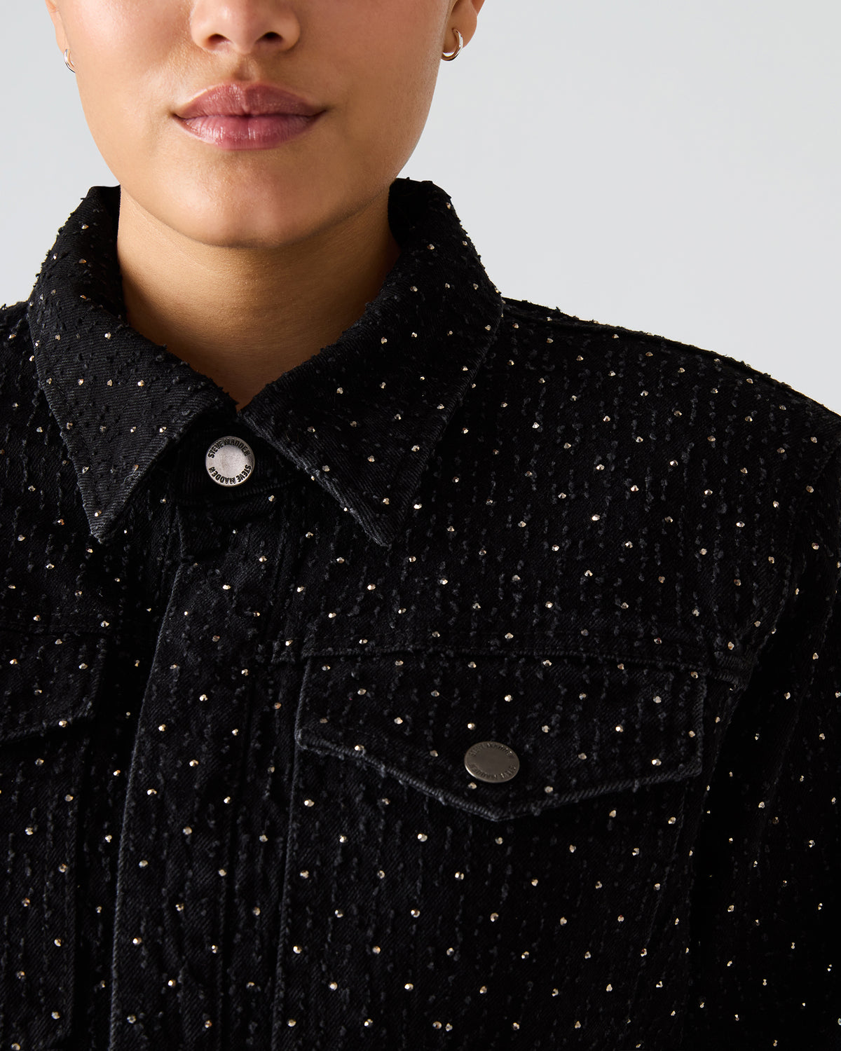 PARC Black Crystal Rhinestone Embellished Long-Sleeved Button-Up Denim Women's Jacket Steve Madden BLACK