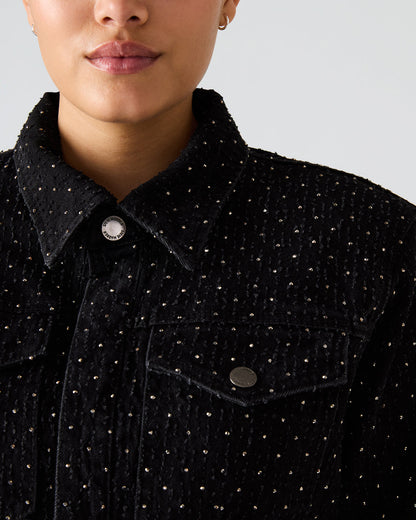 PARC Black Crystal Rhinestone Embellished Long-Sleeved Button-Up Denim Women's Jacket Steve Madden BLACK