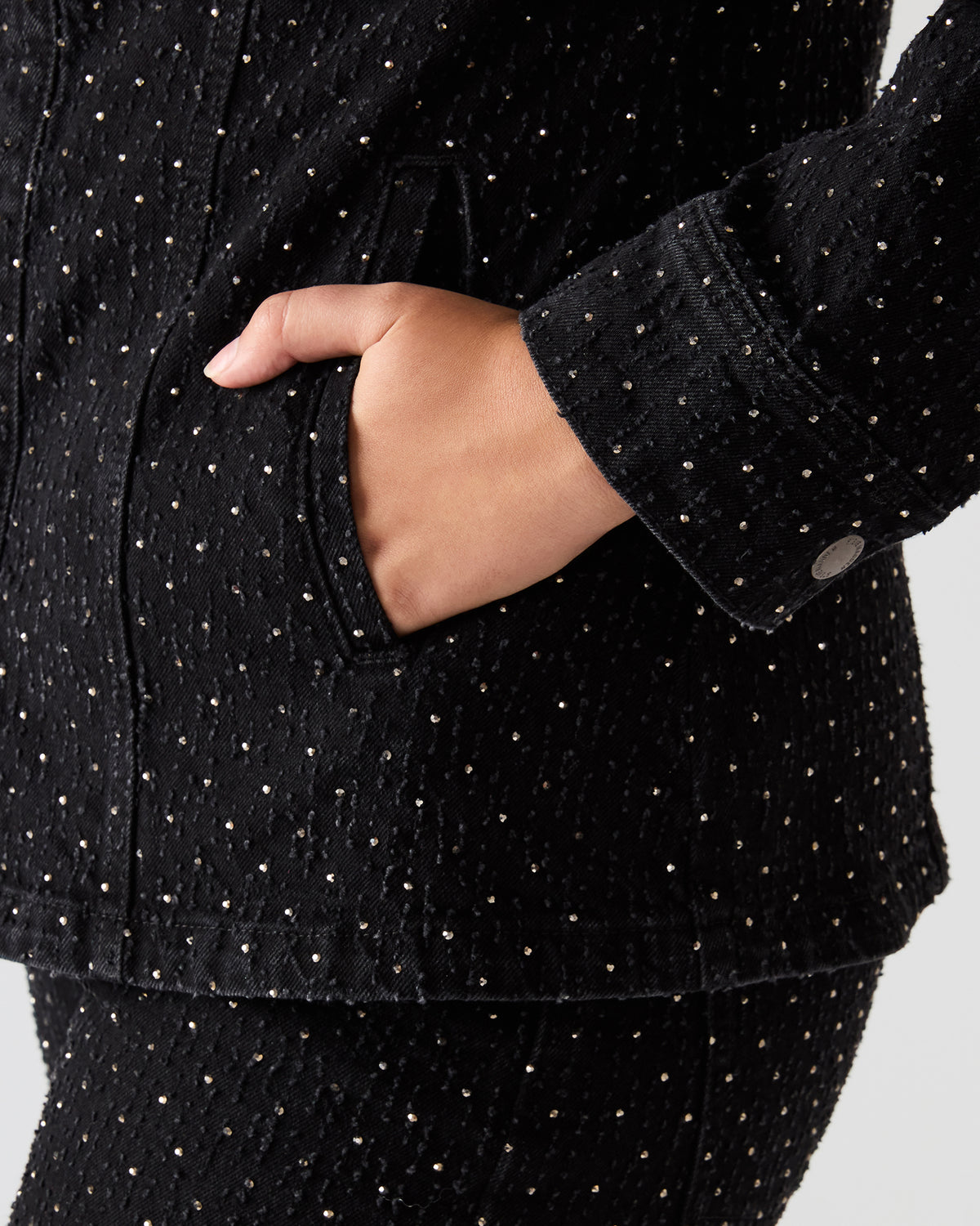 PARC Black Crystal Rhinestone Embellished Long-Sleeved Button-Up Denim Women's Jacket Steve Madden BLACK