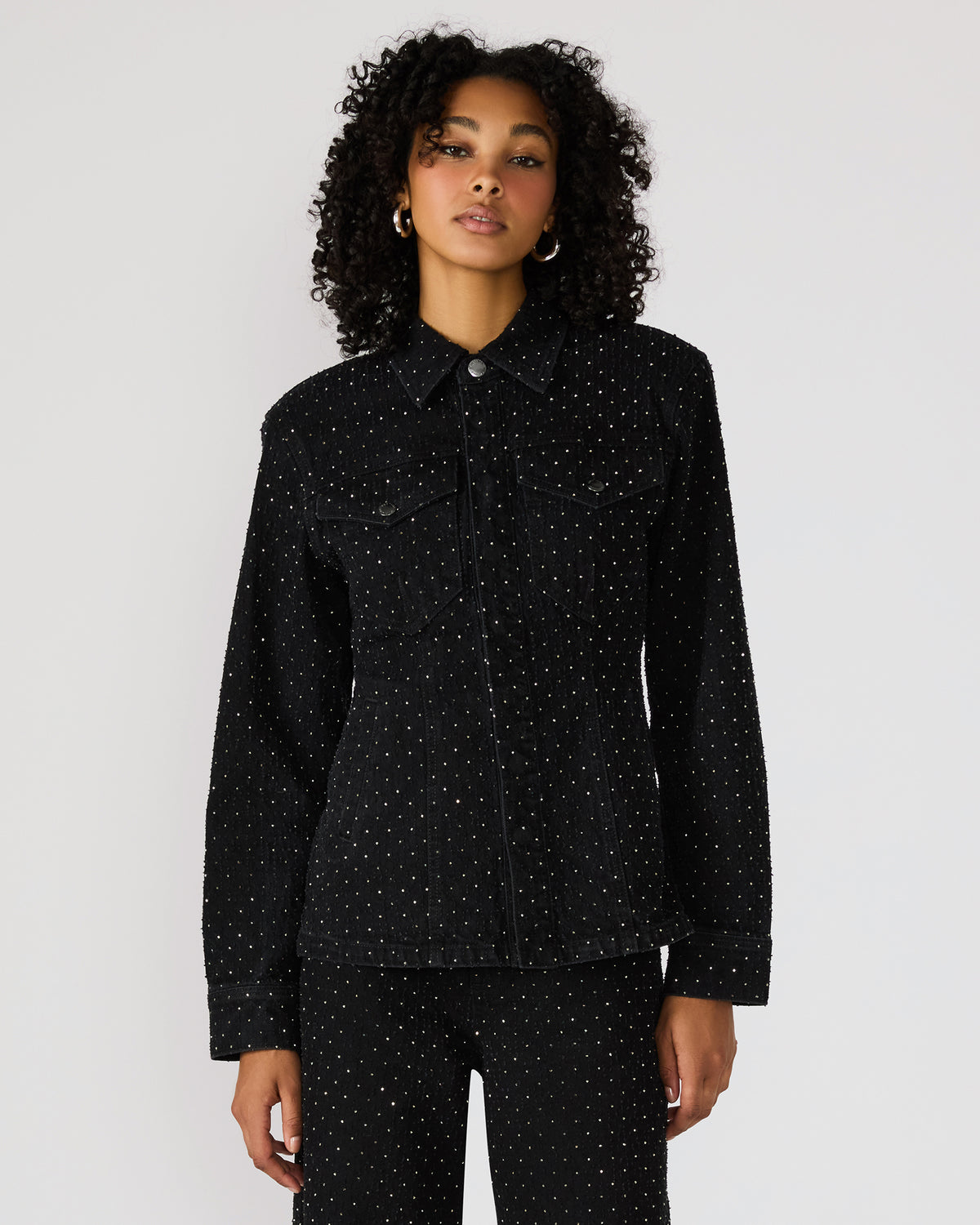 PARC Black Crystal Rhinestone Embellished Long-Sleeved Button-Up Denim Women's Jacket Steve Madden BLACK
