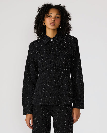 PARC Black Crystal Rhinestone Embellished Long-Sleeved Button-Up Denim Women's Jacket Steve Madden BLACK