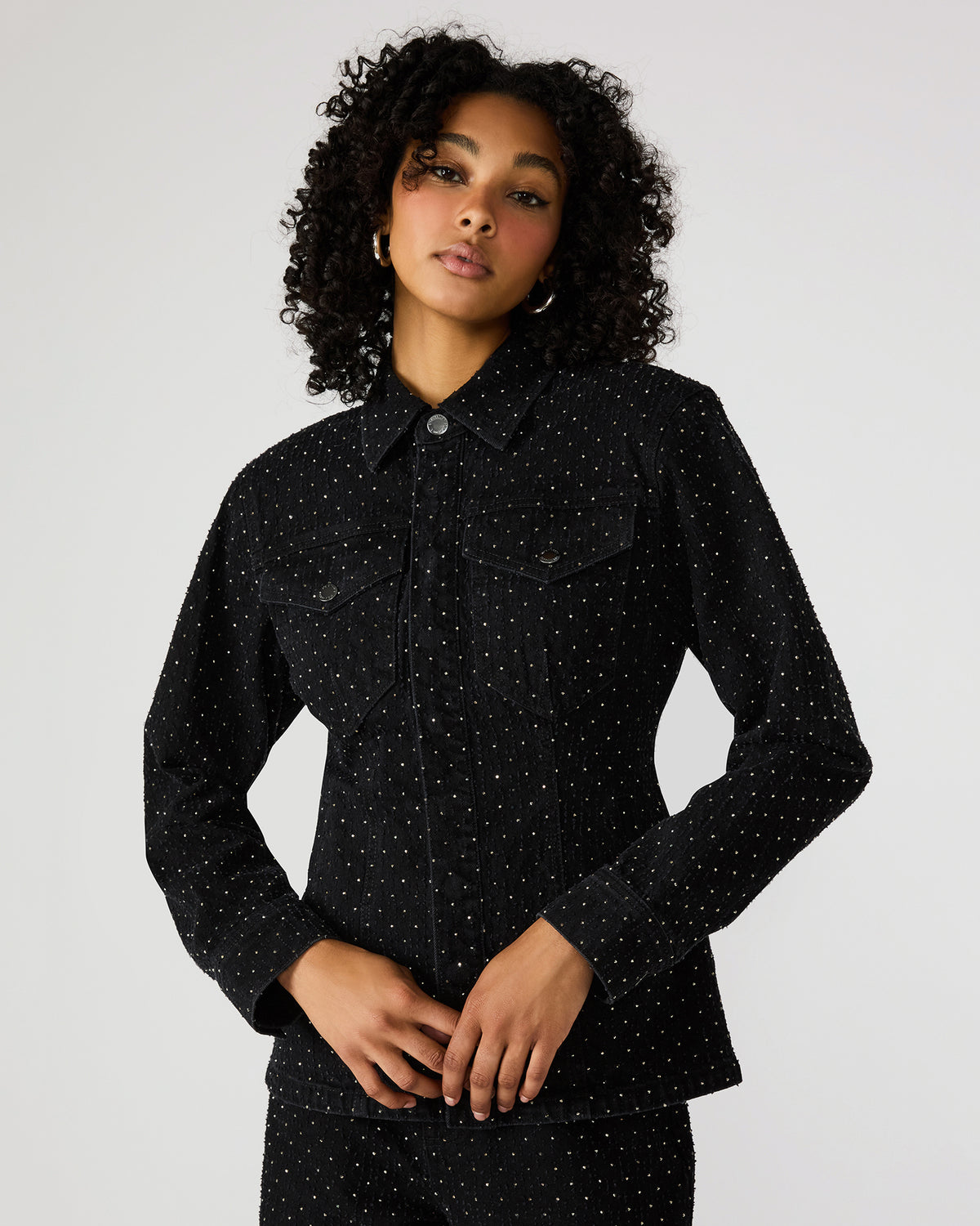 PARC Black Crystal Rhinestone Embellished Long-Sleeved Button-Up Denim Women's Jacket Steve Madden BLACK