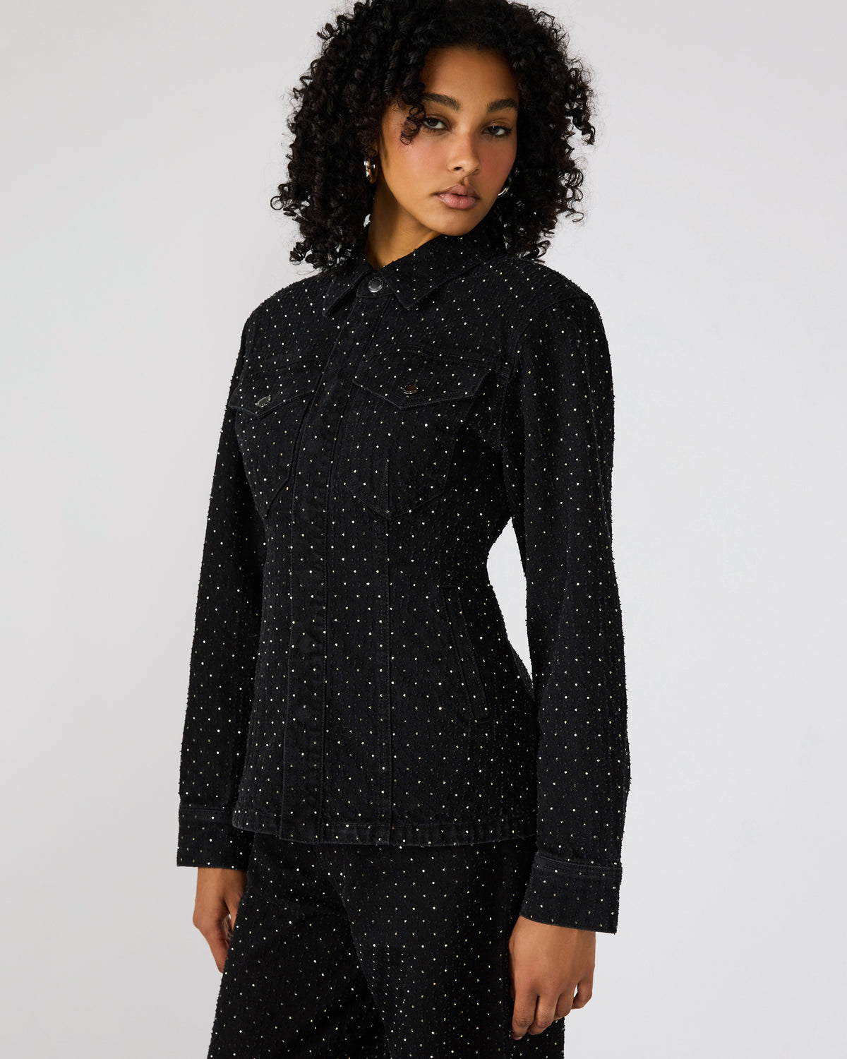 PARC Black Crystal Rhinestone Embellished Long-Sleeved Button-Up Denim Women's Jacket Steve Madden BLACK