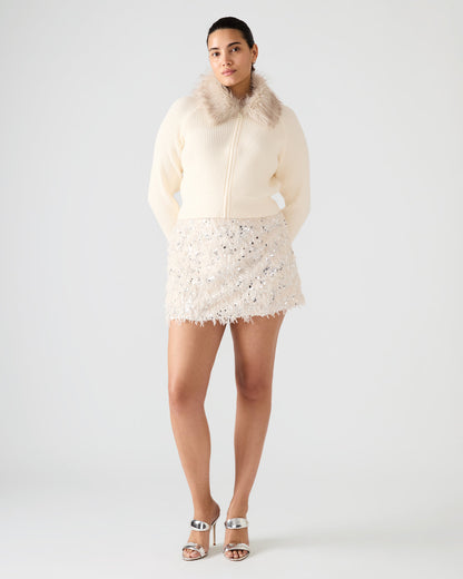 LYSIA Cream Long-Sleeved Faux Fur Hood Zip-Up Ribbed Women's Sweater Jacket Steve Madden CREAM