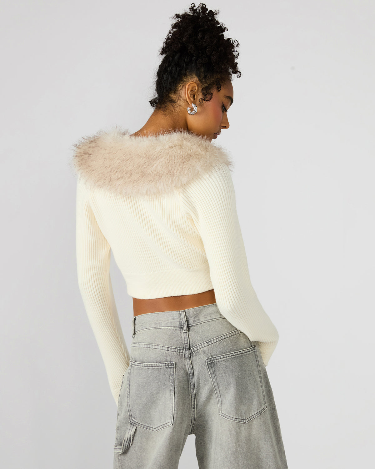 LYSIA Cream Long-Sleeved Faux Fur Hood Zip-Up Ribbed Women's Sweater Jacket Steve Madden CREAM