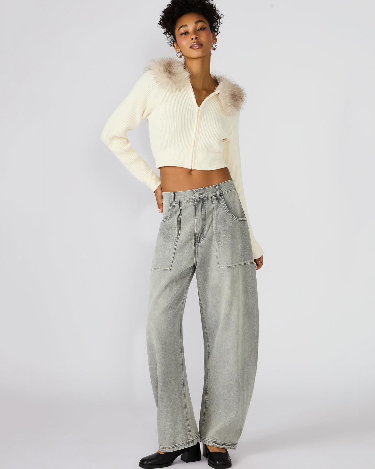 LYSIA Cream Long-Sleeved Faux Fur Hood Zip-Up Ribbed Women's Sweater Jacket Steve Madden CREAM
