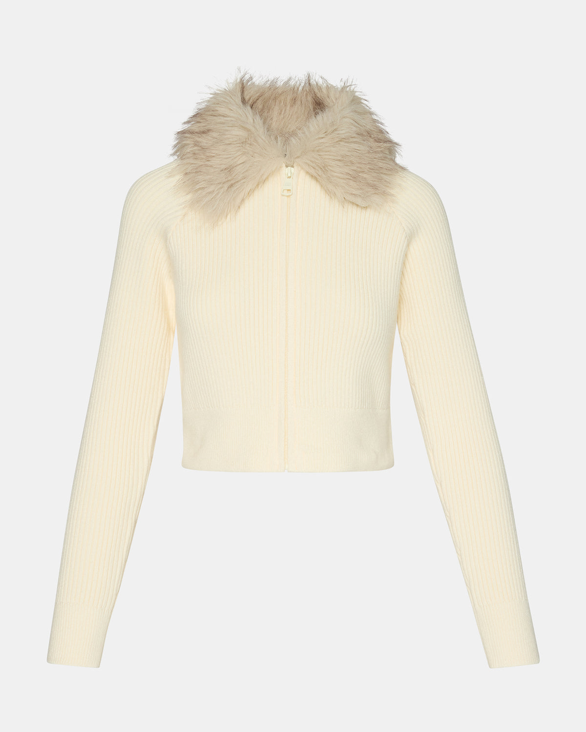 LYSIA Cream Long-Sleeved Faux Fur Hood Zip-Up Ribbed Women's Sweater Jacket Steve Madden CREAM