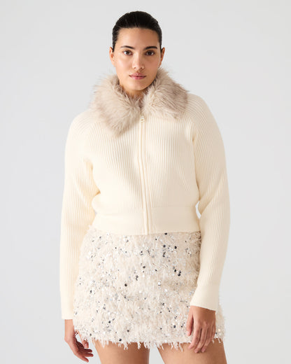 LYSIA Cream Long-Sleeved Faux Fur Hood Zip-Up Ribbed Women's Sweater Jacket Steve Madden CREAM