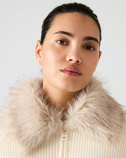 LYSIA Cream Long-Sleeved Faux Fur Hood Zip-Up Ribbed Women's Sweater Jacket Steve Madden CREAM