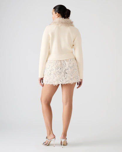 LYSIA Cream Long-Sleeved Faux Fur Hood Zip-Up Ribbed Women's Sweater Jacket Steve Madden CREAM