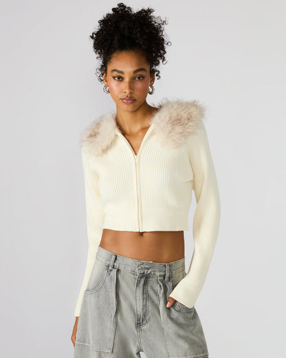 LYSIA Cream Long-Sleeved Faux Fur Hood Zip-Up Ribbed Women's Sweater Jacket Steve Madden CREAM