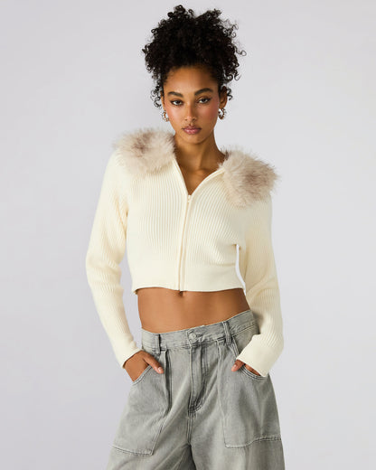 LYSIA Cream Long-Sleeved Faux Fur Hood Zip-Up Ribbed Women's Sweater Jacket Steve Madden CREAM