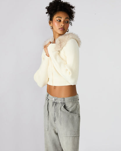 LYSIA Cream Long-Sleeved Faux Fur Hood Zip-Up Ribbed Women's Sweater Jacket Steve Madden CREAM