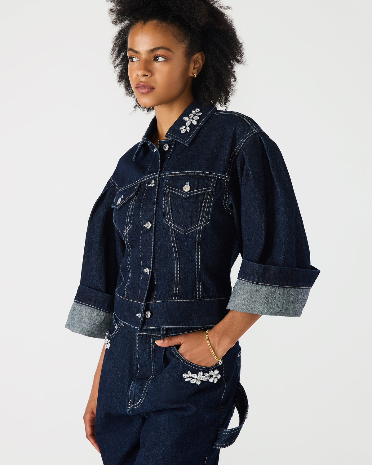 DOROTHY Bijou Blue Button-Up Denim Embellished Women's Jacket Steve Madden BIJOU BLUE