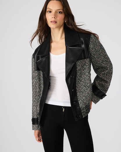 MERCEDES Black Multi Long-Sleeved Button-Up Faux Leather Women's Coat Steve Madden BLACK MULTI