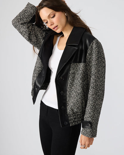MERCEDES Black Multi Long-Sleeved Button-Up Faux Leather Women's Coat Steve Madden BLACK MULTI