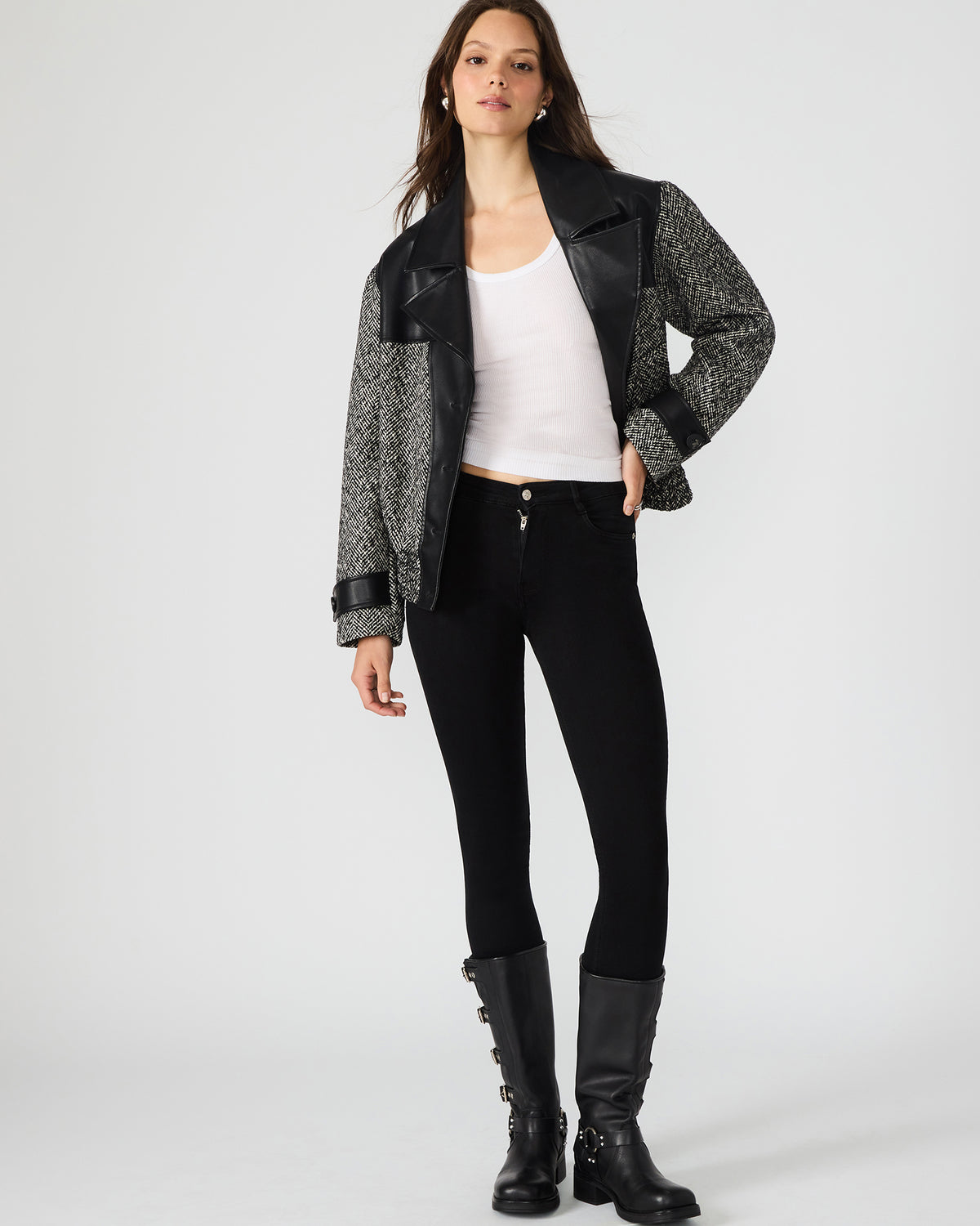 MERCEDES Black Multi Long-Sleeved Button-Up Faux Leather Women's Coat Steve Madden BLACK MULTI