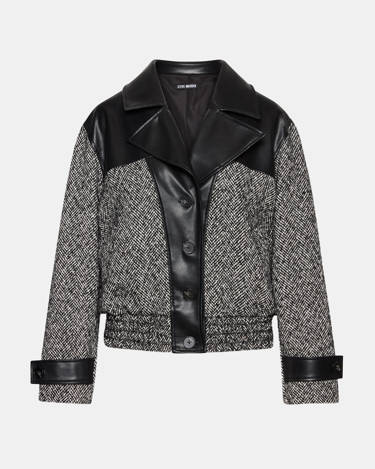 MERCEDES Black Multi Long-Sleeved Button-Up Faux Leather Women's Coat Steve Madden BLACK MULTI