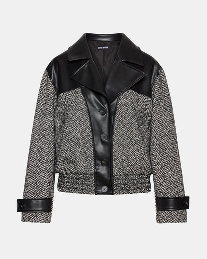 MERCEDES Black Multi Long-Sleeved Button-Up Faux Leather Women's Coat Steve Madden BLACK MULTI