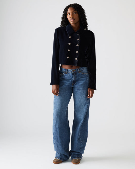TONIA Indigo Haze Velvet Button-Up Long-Sleeved Women's Blazer Jacket Steve Madden INDIGO HAZE