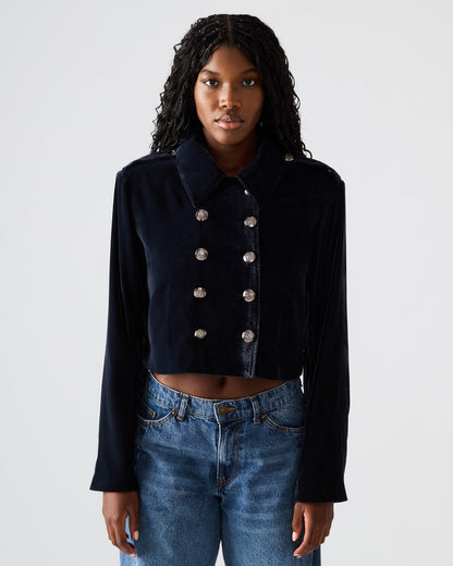 TONIA Indigo Haze Velvet Button-Up Long-Sleeved Women's Blazer Jacket Steve Madden INDIGO HAZE