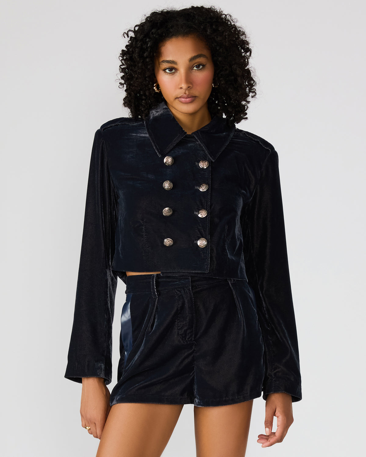 TONIA Indigo Haze Velvet Button-Up Long-Sleeved Women's Blazer Jacket Steve Madden INDIGO HAZE