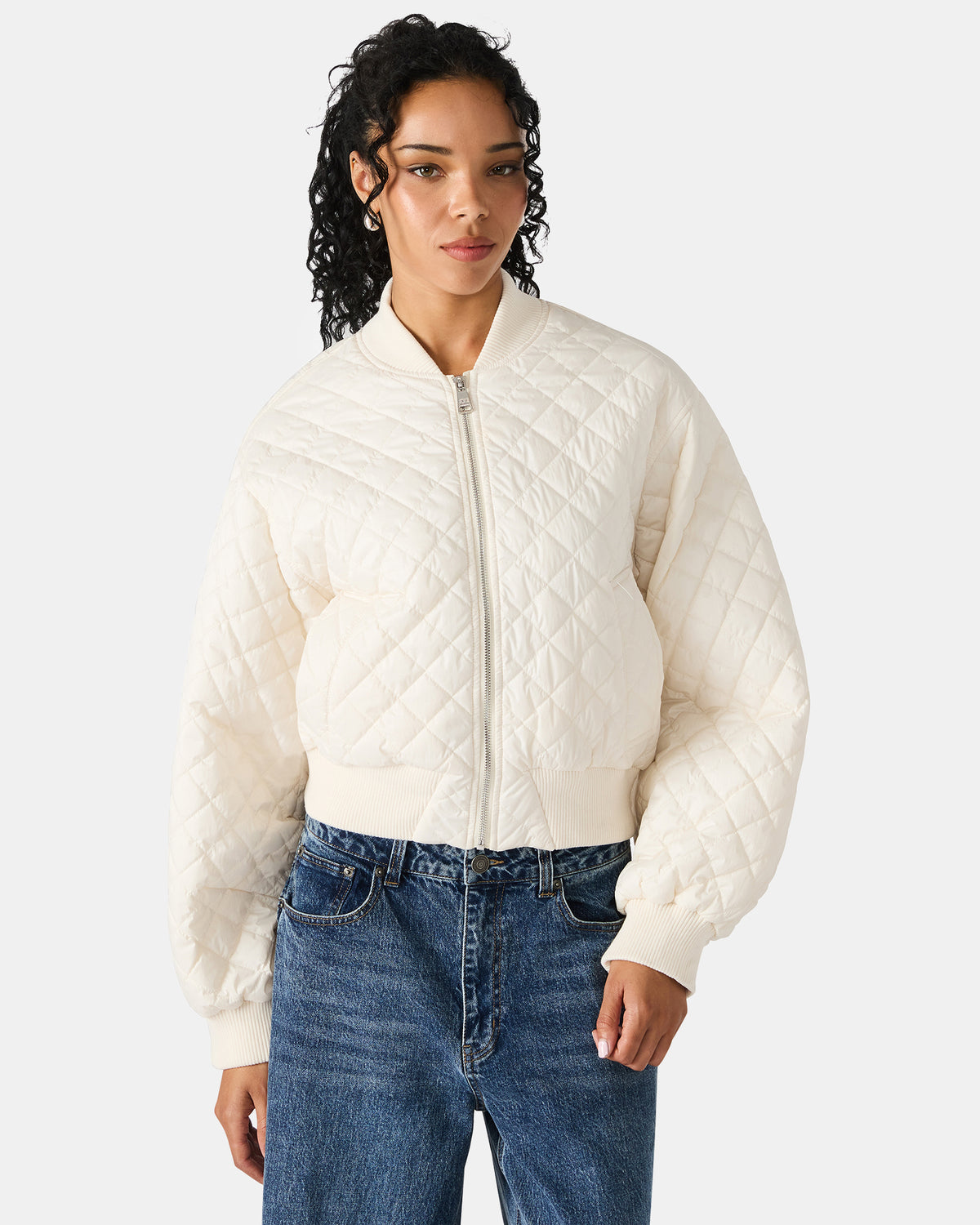 DARLA Ivory Long-Sleeved Zip-Up Quilted Women's Jacket Steve Madden IVORY