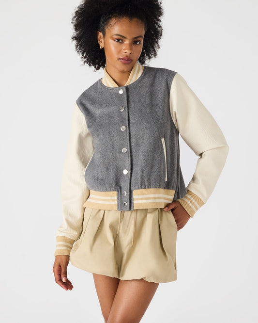 ROONEY Heather Grey Long-Sleeved Varsity Bomber Women's Jacket Steve Madden HEATHER GREY