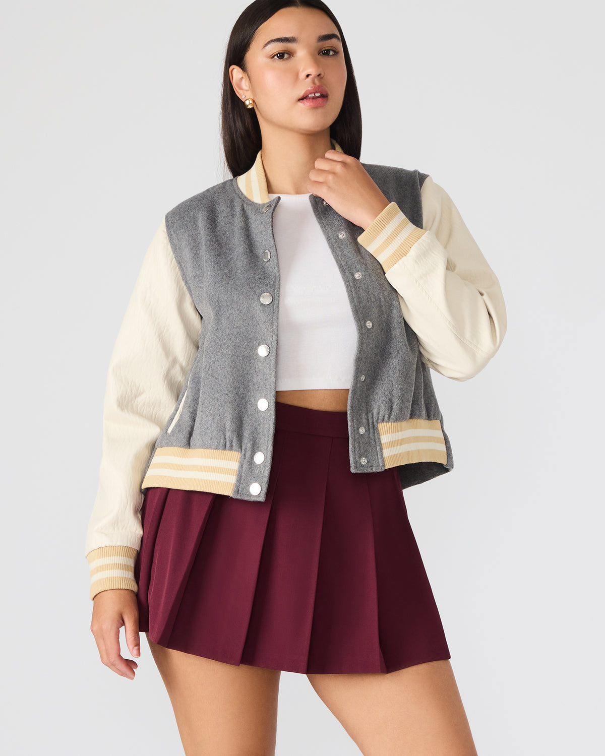 ROONEY Heather Grey Long-Sleeved Varsity Bomber Women's Jacket Steve Madden HEATHER GREY