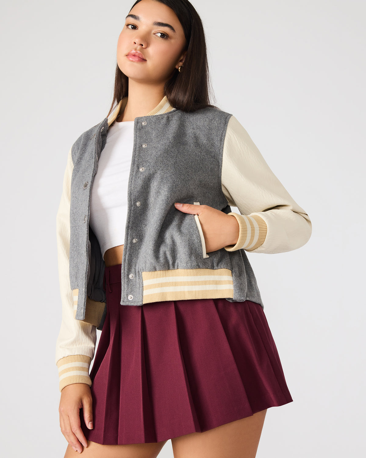 ROONEY Heather Grey Long-Sleeved Varsity Bomber Women's Jacket Steve Madden HEATHER GREY