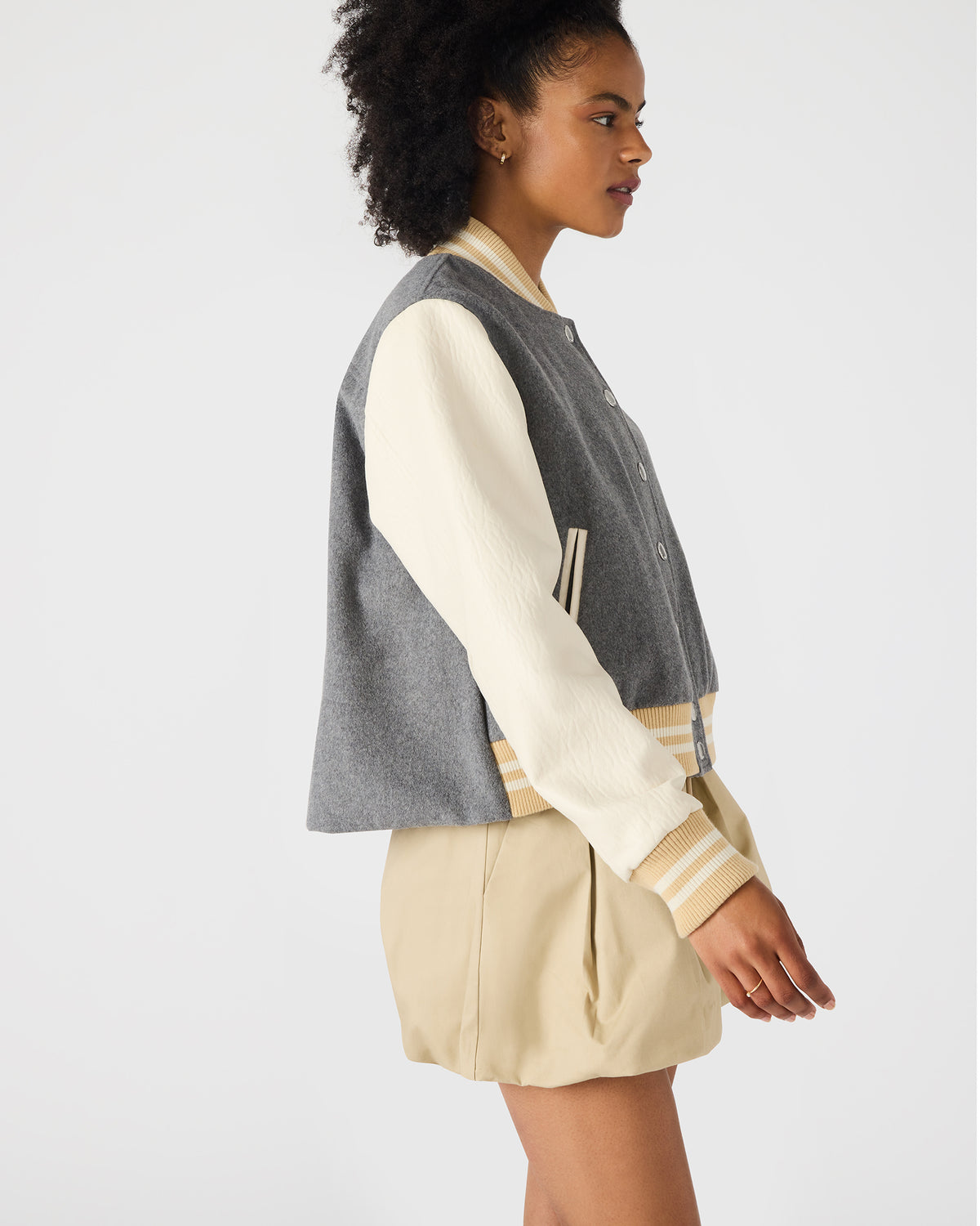 ROONEY Heather Grey Long-Sleeved Varsity Bomber Women's Jacket Steve Madden HEATHER GREY