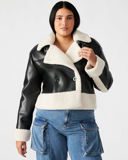 ATHEN Black Women's Faux Leather Shearling Trim Jacket Steve Madden BLACK