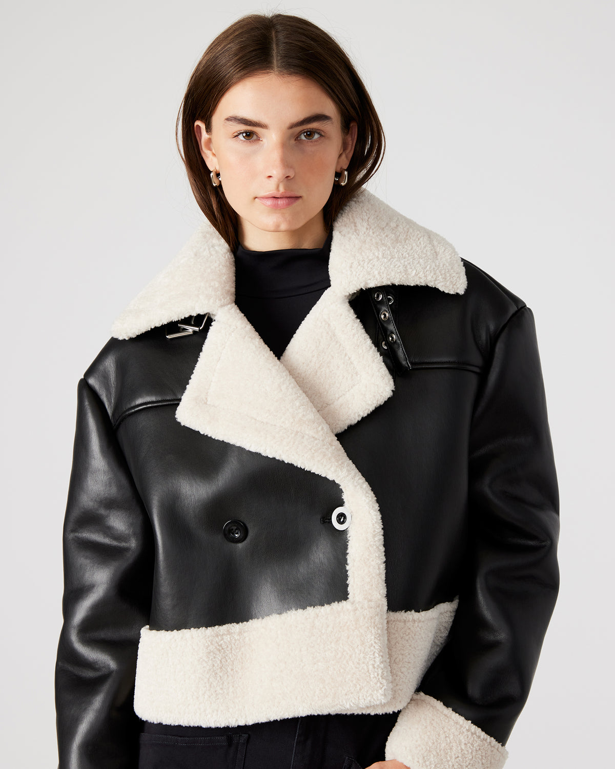 ATHEN Black Women's Faux Leather Shearling Trim Jacket Steve Madden BLACK