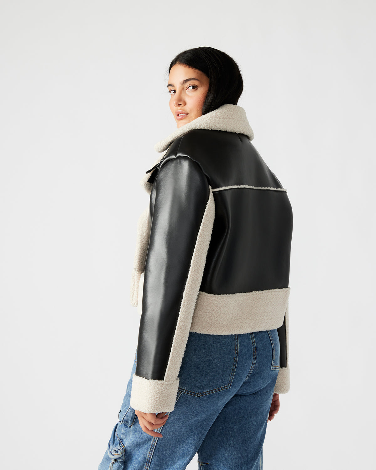 ATHEN Black Women's Faux Leather Shearling Trim Jacket Steve Madden BLACK