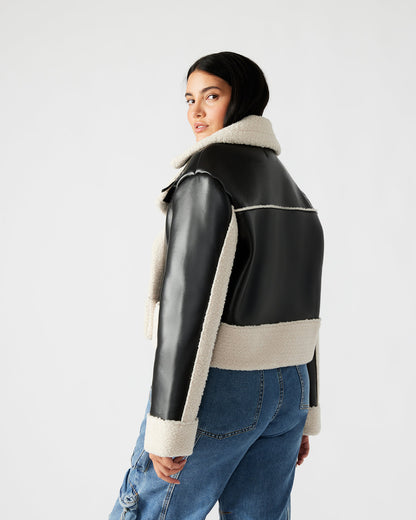 ATHEN Black Women's Faux Leather Shearling Trim Jacket Steve Madden BLACK