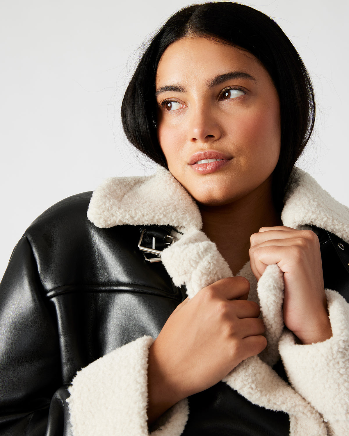 ATHEN Black Women's Faux Leather Shearling Trim Jacket Steve Madden BLACK