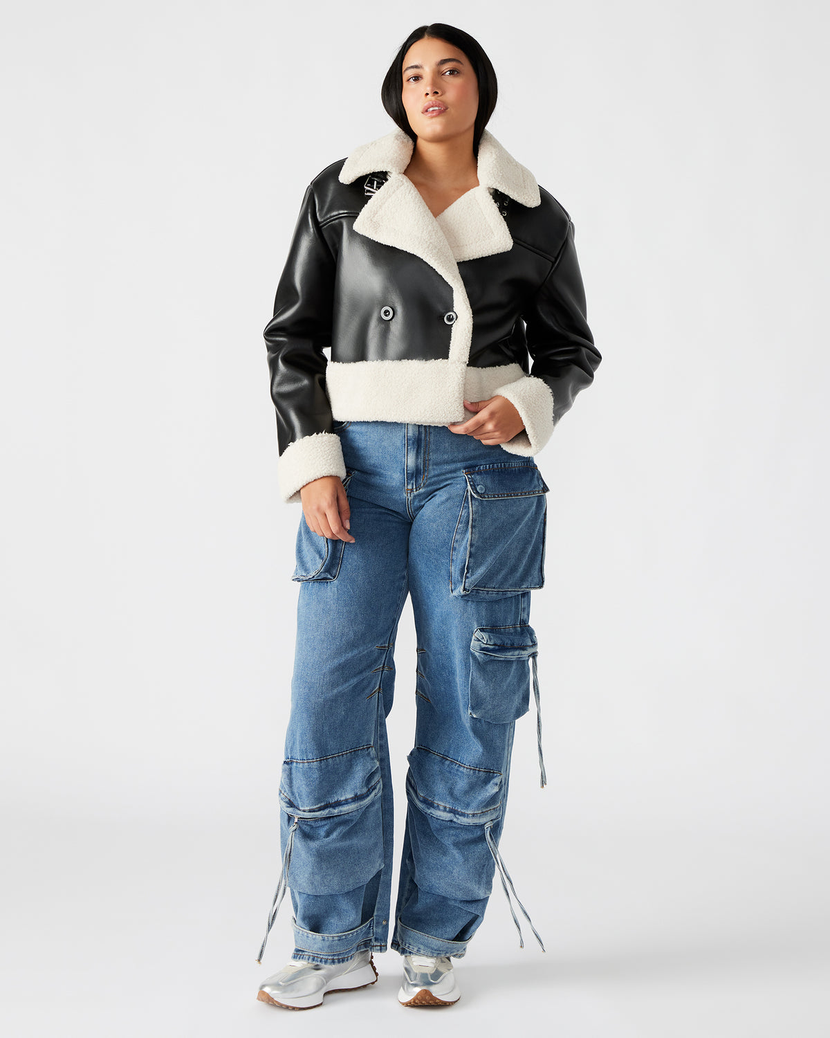 ATHEN Black Women's Faux Leather Shearling Trim Jacket Steve Madden BLACK