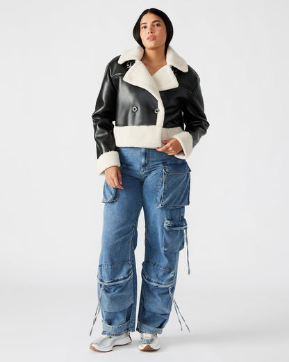 ATHEN Black Women's Faux Leather Shearling Trim Jacket Steve Madden BLACK