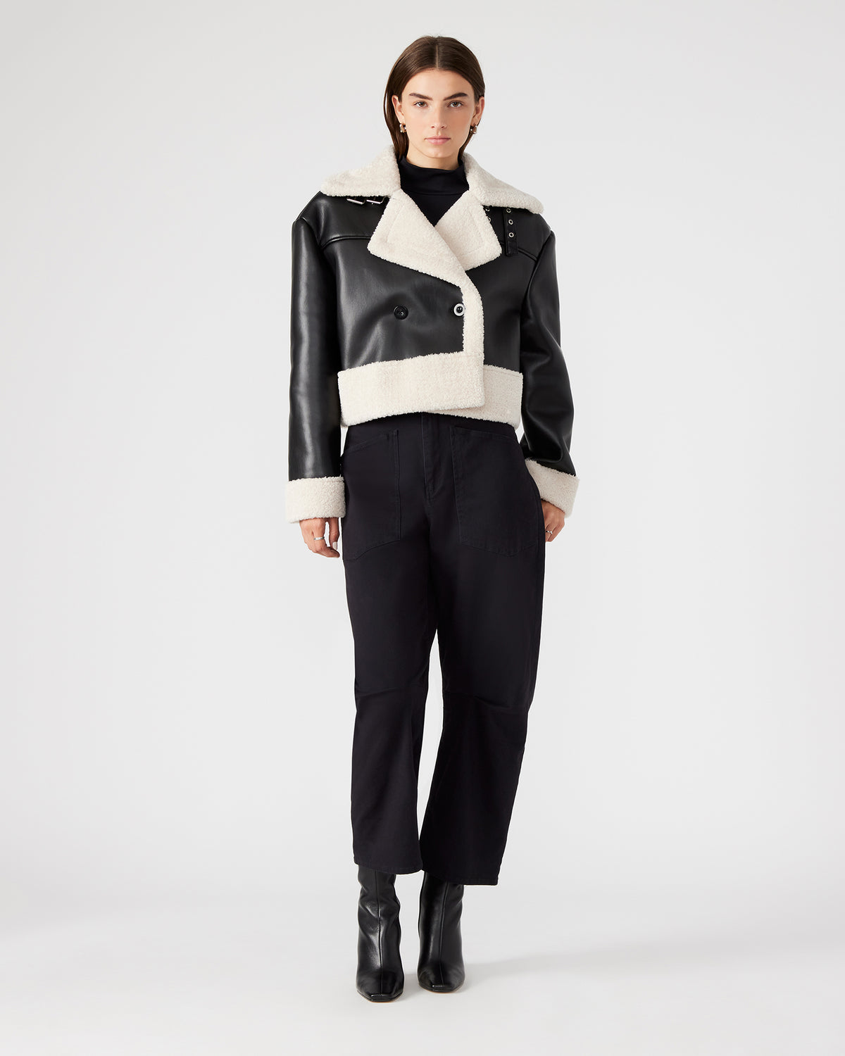 ATHEN Black Women's Faux Leather Shearling Trim Jacket Steve Madden BLACK