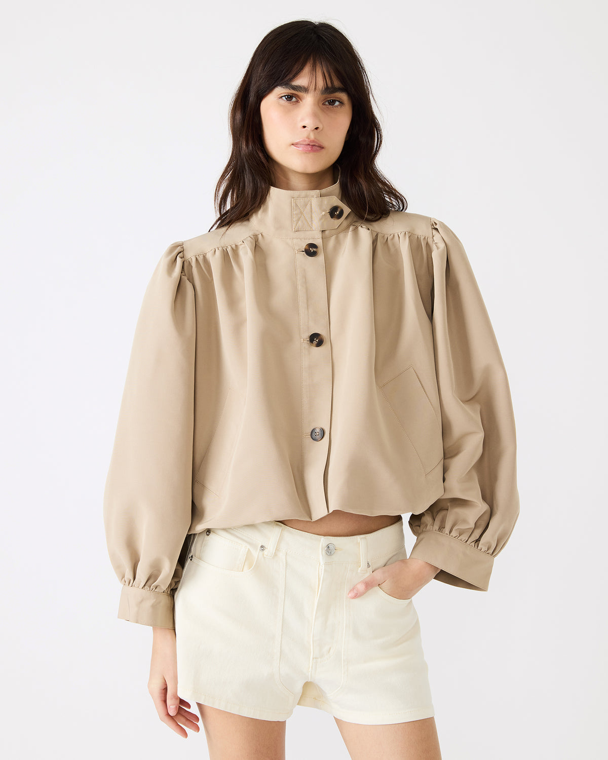 DEEDEE Tan Long-Sleeved Button-Up Collared Women's Jacket Steve Madden TAN