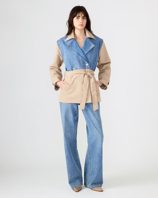SHYLA Denim Multi Long-Sleeved Denim Khaki Button-Up Tie-Front Women's Coat Steve Madden DENIM MULTI