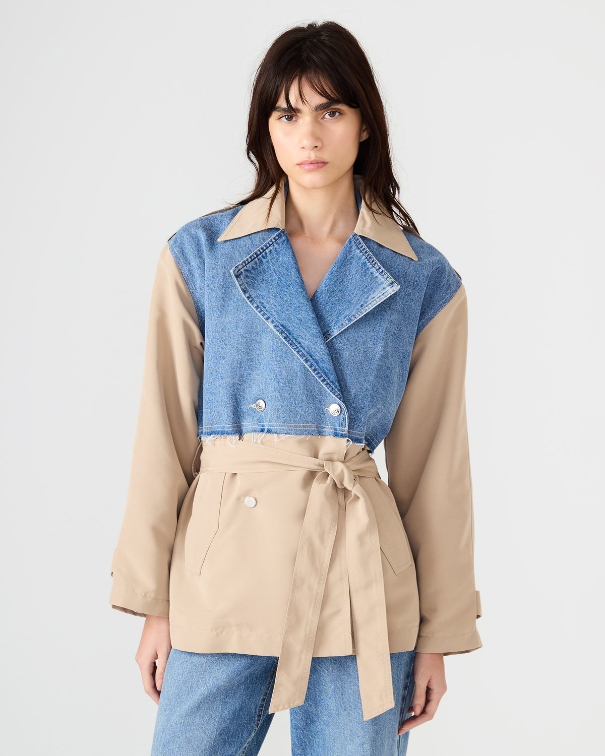 SHYLA Denim Multi Long-Sleeved Denim Khaki Button-Up Tie-Front Women's Coat Steve Madden DENIM MULTI