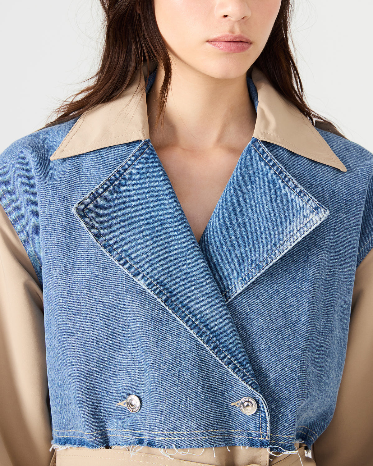 SHYLA Denim Multi Long-Sleeved Denim Khaki Button-Up Tie-Front Women's Coat Steve Madden DENIM MULTI