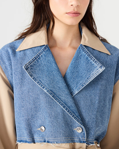 SHYLA Denim Multi Long-Sleeved Denim Khaki Button-Up Tie-Front Women's Coat Steve Madden DENIM MULTI