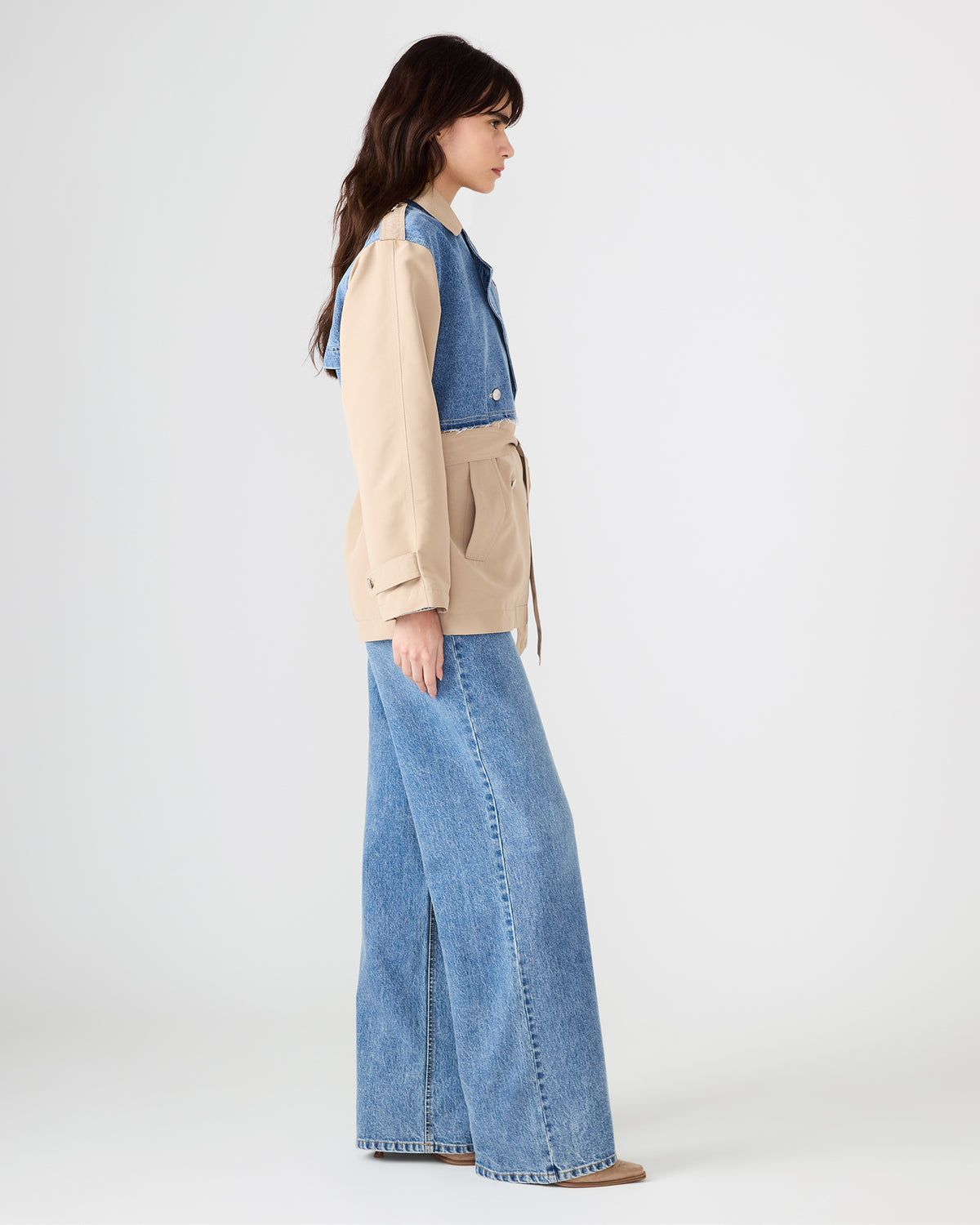 SHYLA Denim Multi Long-Sleeved Denim Khaki Button-Up Tie-Front Women's Coat Steve Madden DENIM MULTI