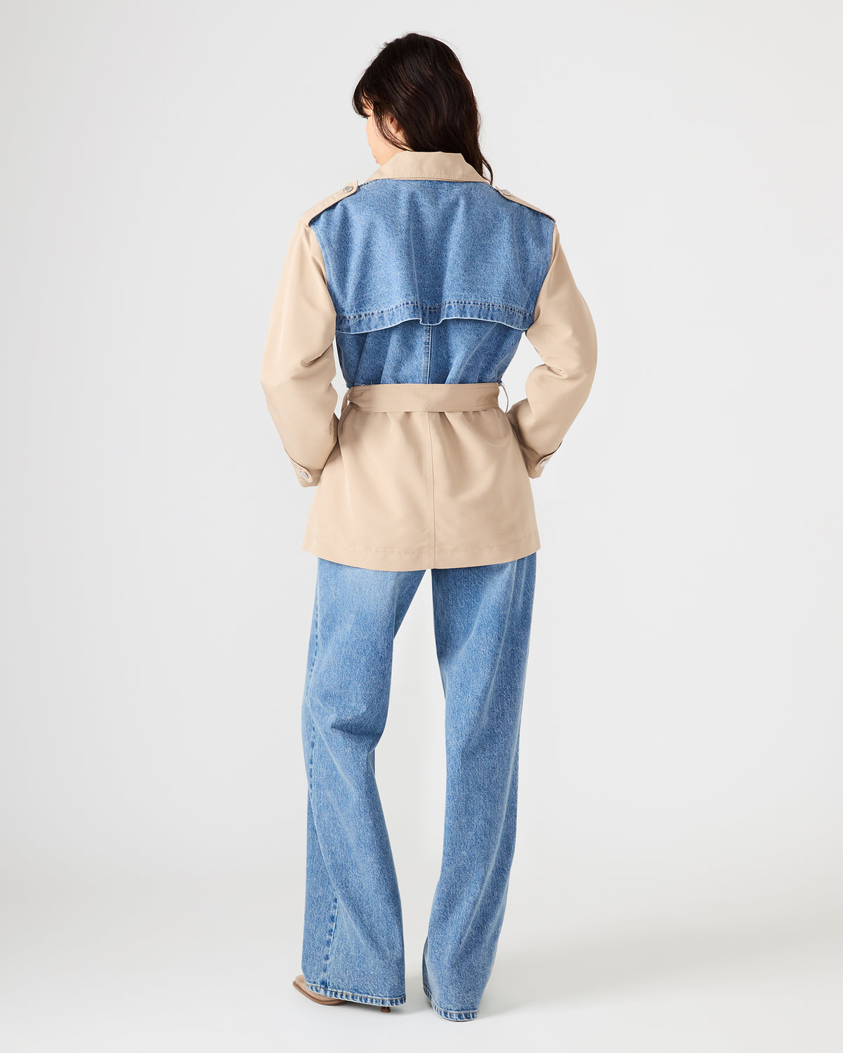 SHYLA Denim Multi Long-Sleeved Denim Khaki Button-Up Tie-Front Women's Coat Steve Madden DENIM MULTI