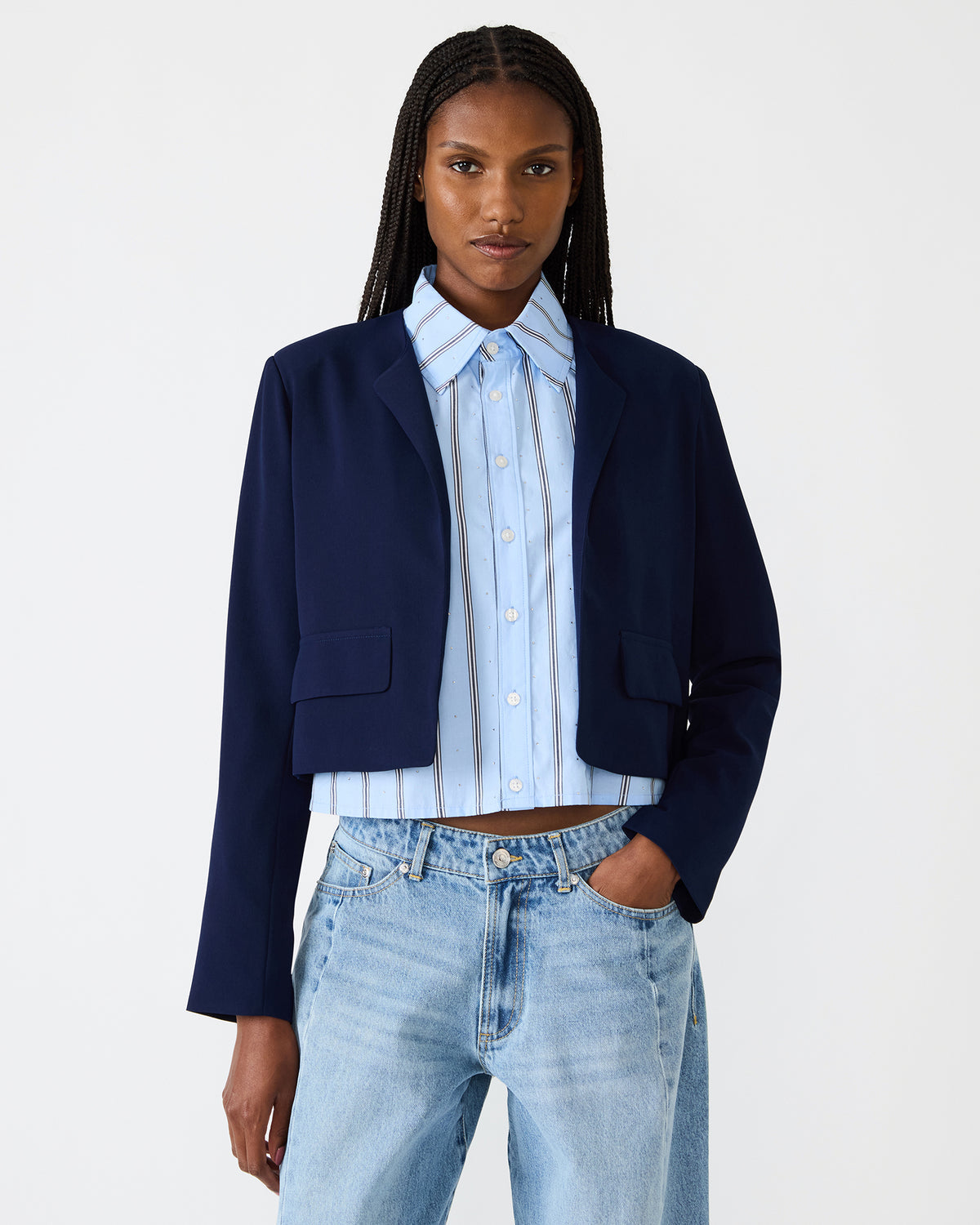 SERENEA Blazer Marine Long-Sleeved Open-Front Blazer Steve Madden MARINE