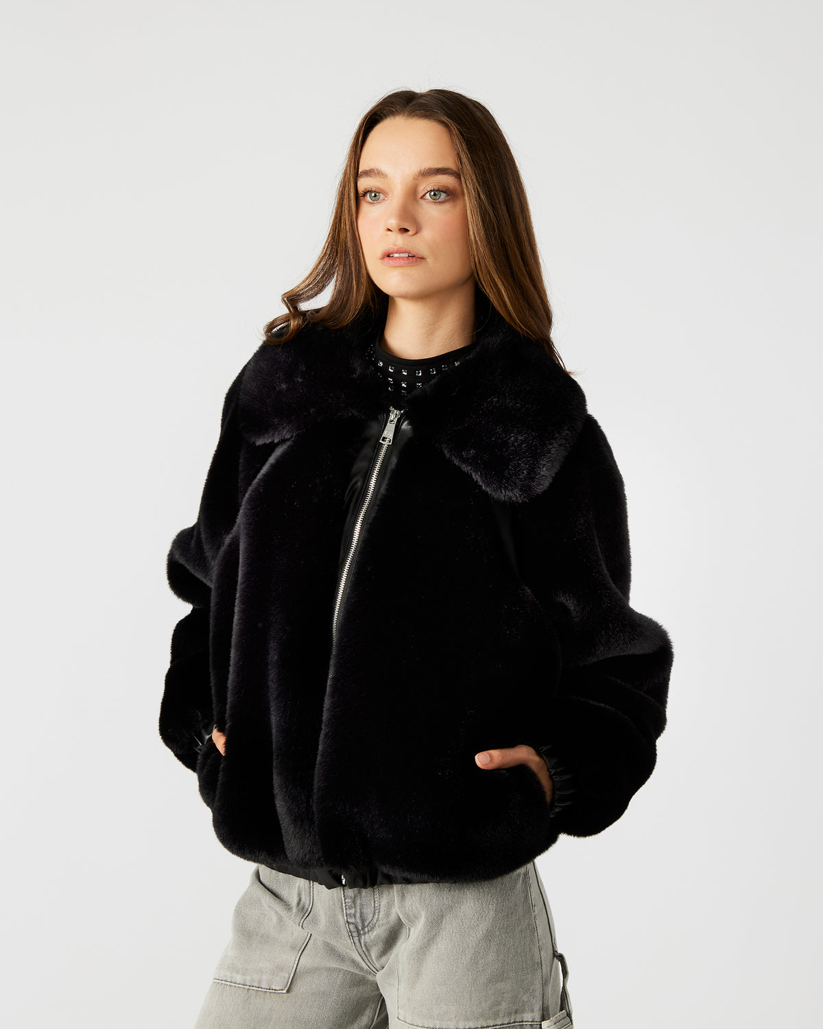 ZEPHRINE Jacket Black | Women's Long-Sleeved Furry Jacket Steve Madden BLACK