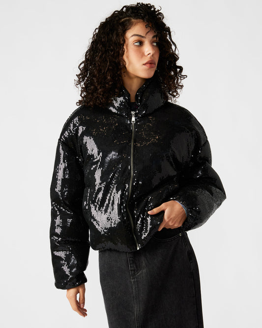 STRATTO Jacket Black | Women's Sequin Long-Sleeved Puffer Jacket Steve Madden BLACK