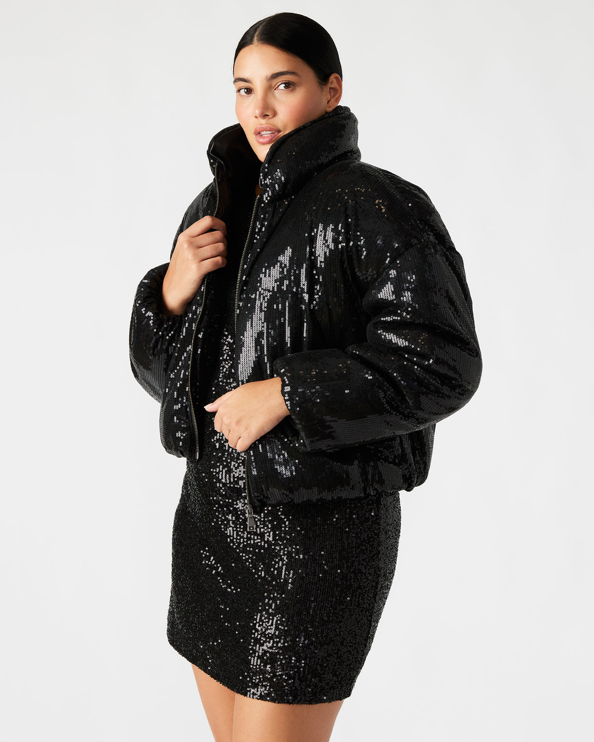 STRATTO Jacket Black | Women's Sequin Long-Sleeved Puffer Jacket Steve Madden BLACK